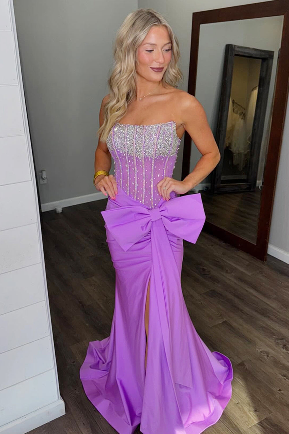 Blue Glitter Strapless Long Corset Prom Dress in Satin with Beaded Bow Sheath