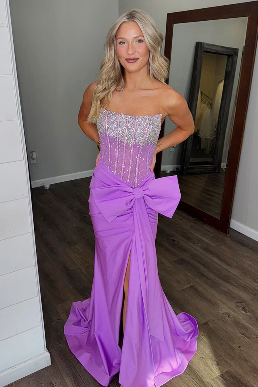 Blue Glitter Strapless Long Corset Prom Dress in Satin with Beaded Bow Sheath
