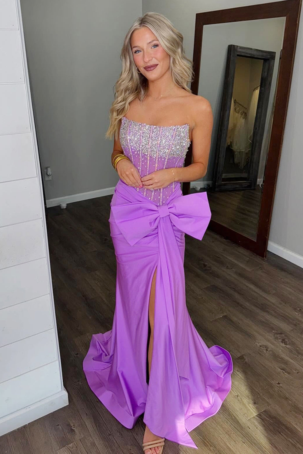 Blue Glitter Strapless Long Corset Prom Dress in Satin with Beaded Bow Sheath