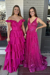 Princess Tiered Long Corset Prom Dress in Fuchsia with Off-the-Shoulder Neckline and Slit
