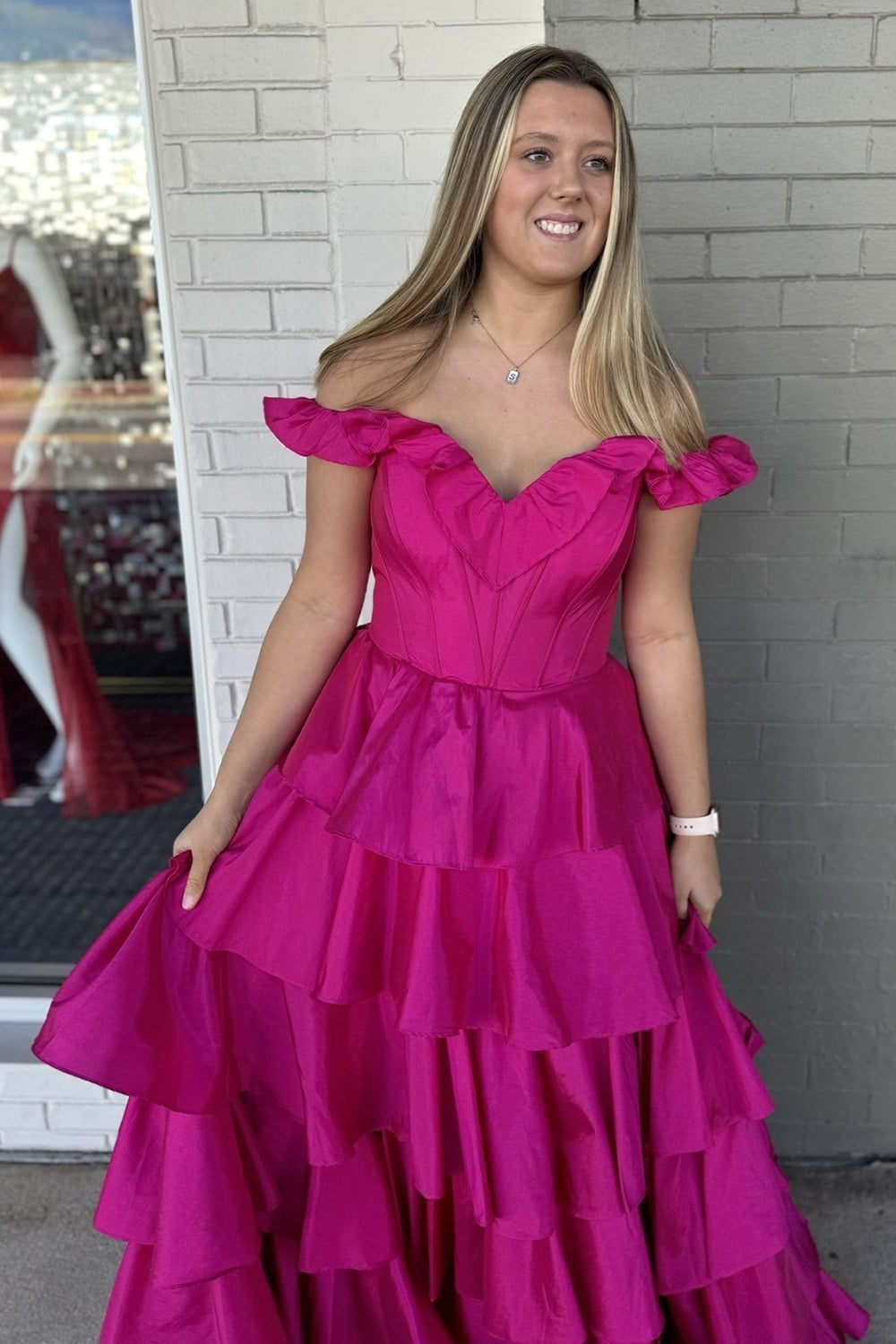 Princess Tiered Long Corset Prom Dress in Fuchsia with Off-the-Shoulder Neckline and Slit