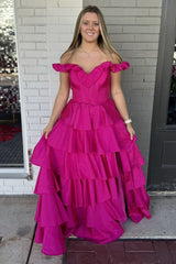 Princess Tiered Long Corset Prom Dress in Fuchsia with Off-the-Shoulder Neckline and Slit