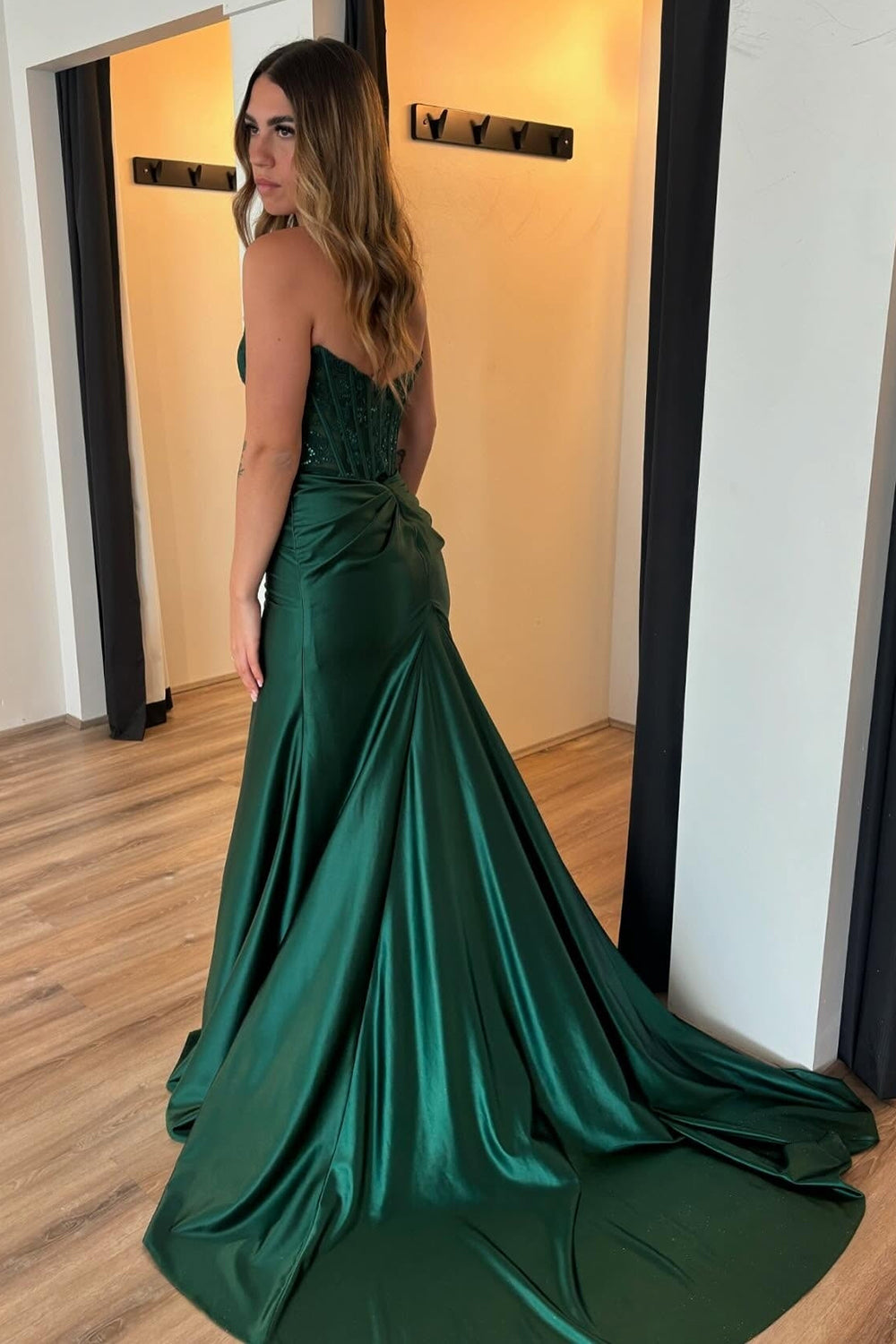 Long Dark Green Satin Mermaid Corset Prom Dress with Appliques Strapless