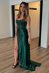 Long Dark Green Satin Mermaid Corset Prom Dress with Appliques Strapless