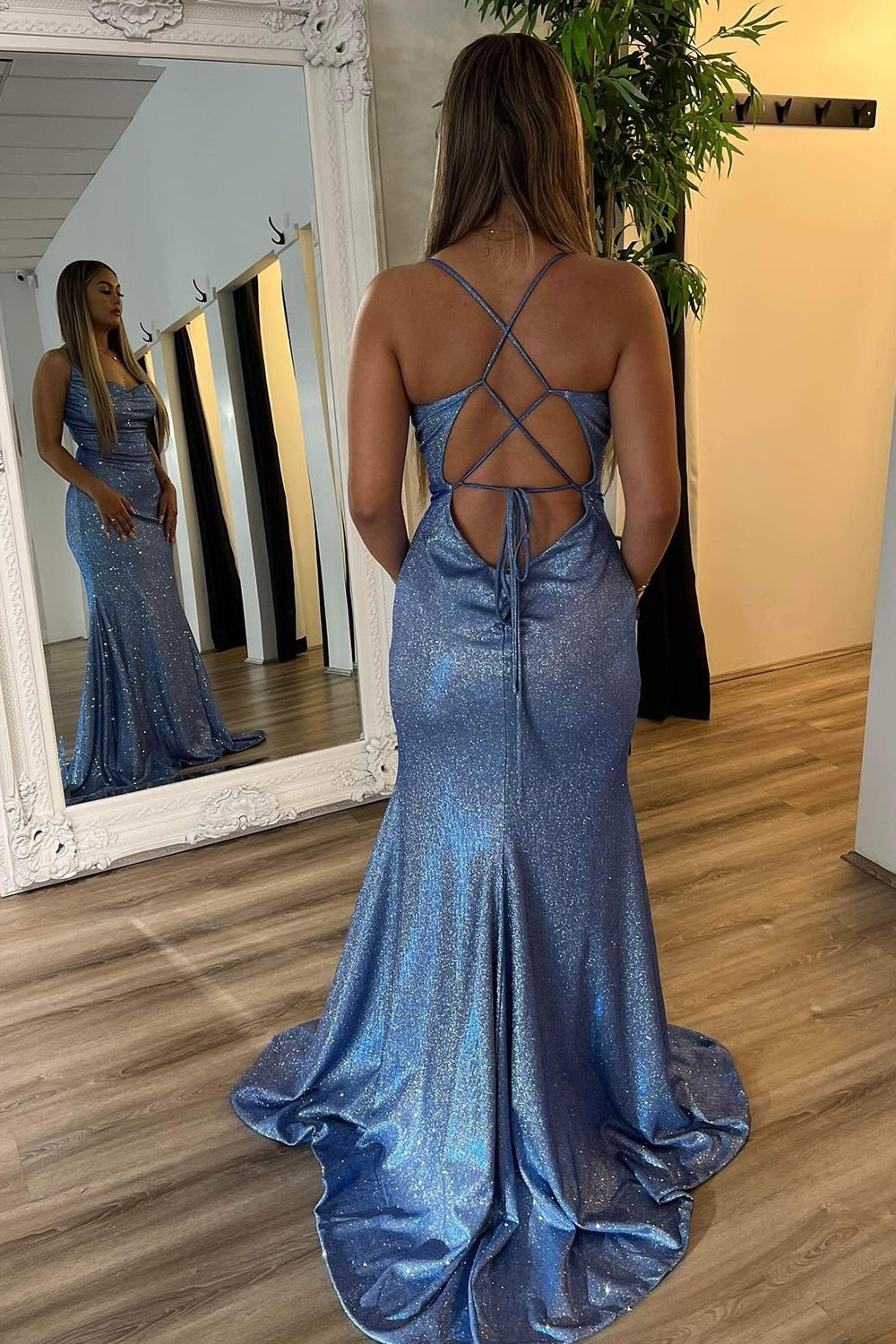Long Grey Blue Mermaid Prom Dress with Criss Cross Back and Sequined Spaghetti Straps