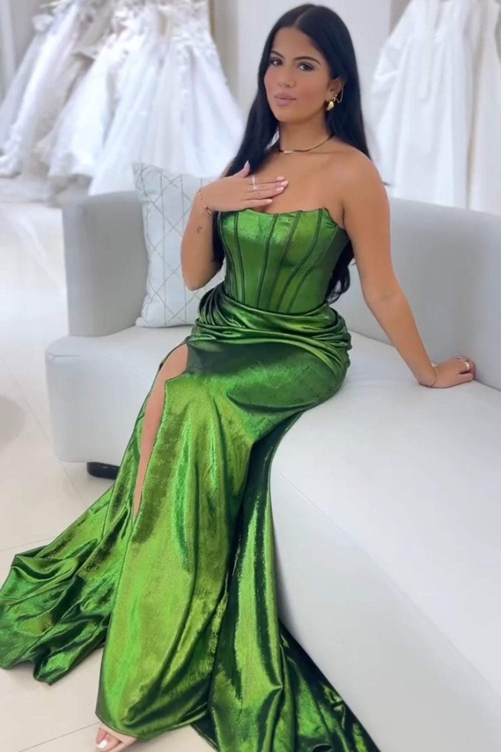 Long Dark Green Mermaid Corset Prom Dress with Ruched Strapless Design and Slit