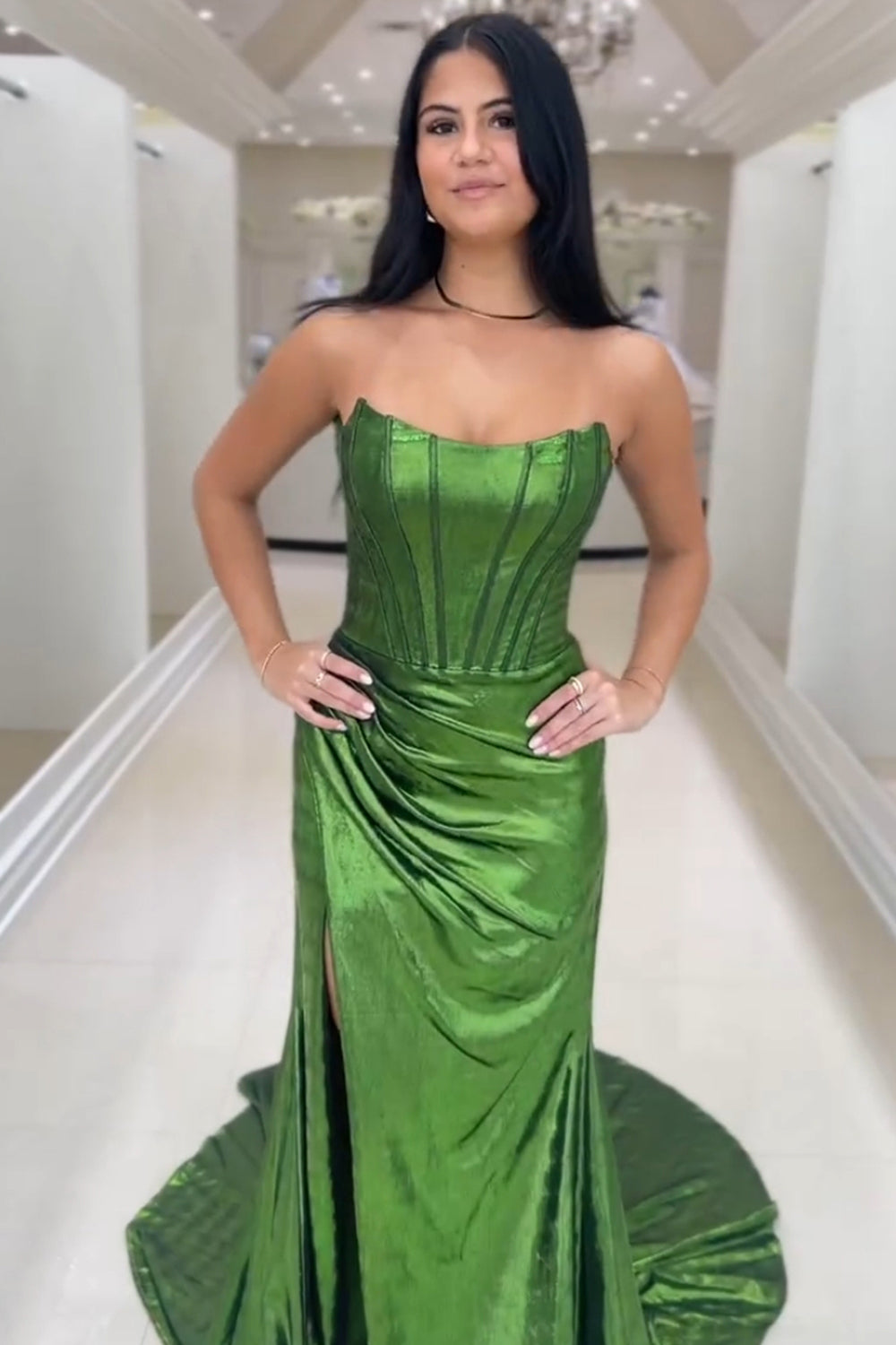Long Dark Green Mermaid Corset Prom Dress with Ruched Strapless Design and Slit