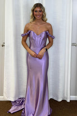 Elegant Lilac Off-the-Shoulder Satin Mermaid Corset Prom Gown