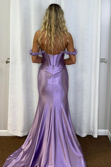 Elegant Lilac Off-the-Shoulder Satin Mermaid Corset Prom Gown