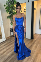 Strapless Royal Blue Mermaid Prom Dress in Satin with Long Corset and Slit
