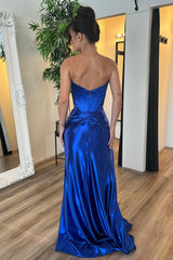Strapless Royal Blue Mermaid Prom Dress in Satin with Long Corset and Slit