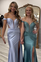 Long Satin Mermaid Corset Prom Dress in Grey Green with Off-the-Shoulder Neckline and Slit