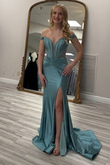 Long Satin Mermaid Corset Prom Dress in Grey Green with Off-the-Shoulder Neckline and Slit