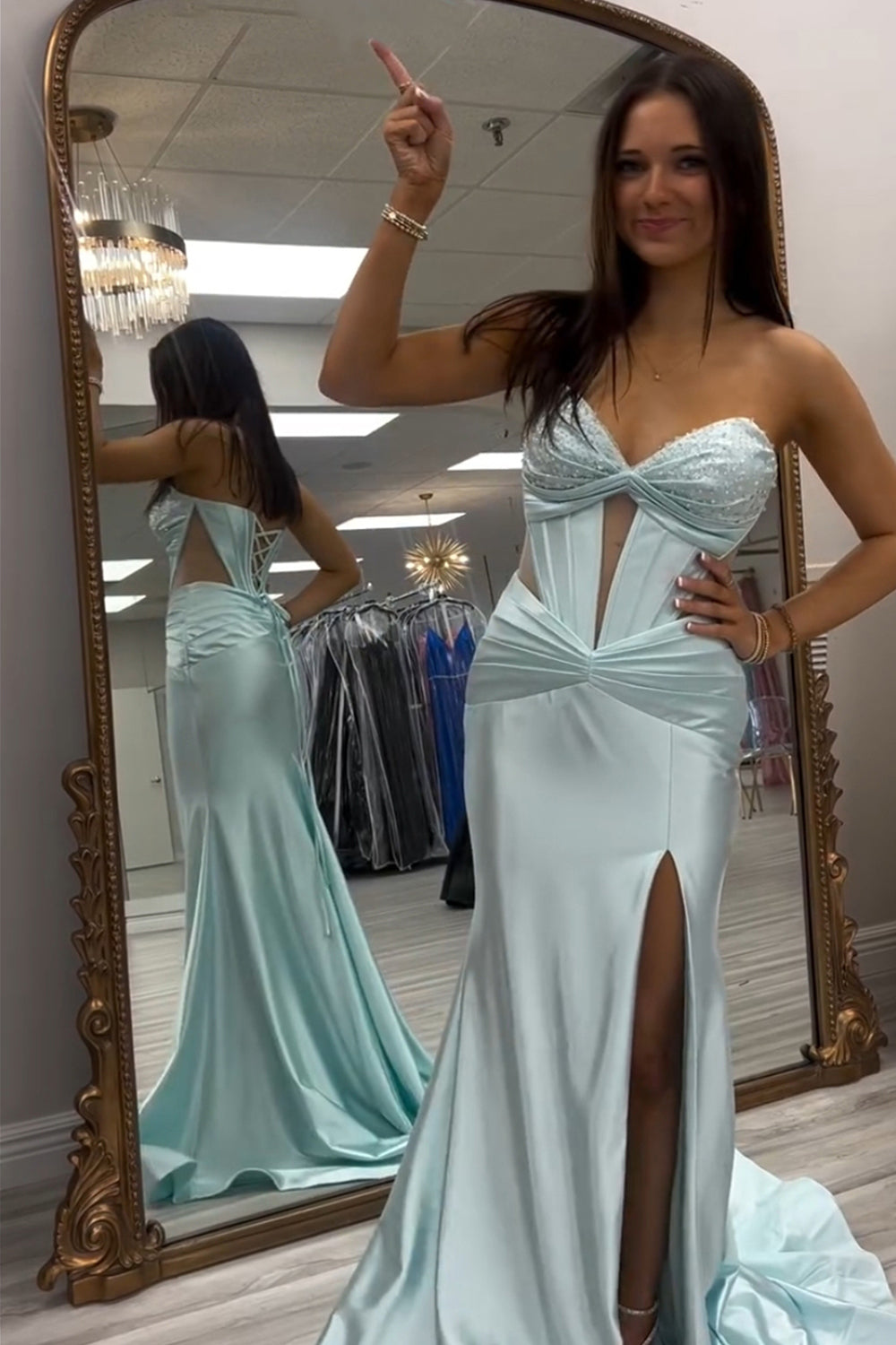 Sweetheart Mermaid Corset Prom Dress in Light Green Satin with Long Slit