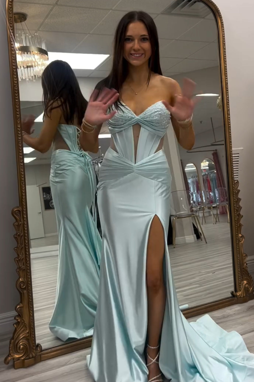 Sweetheart Mermaid Corset Prom Dress in Light Green Satin with Long Slit