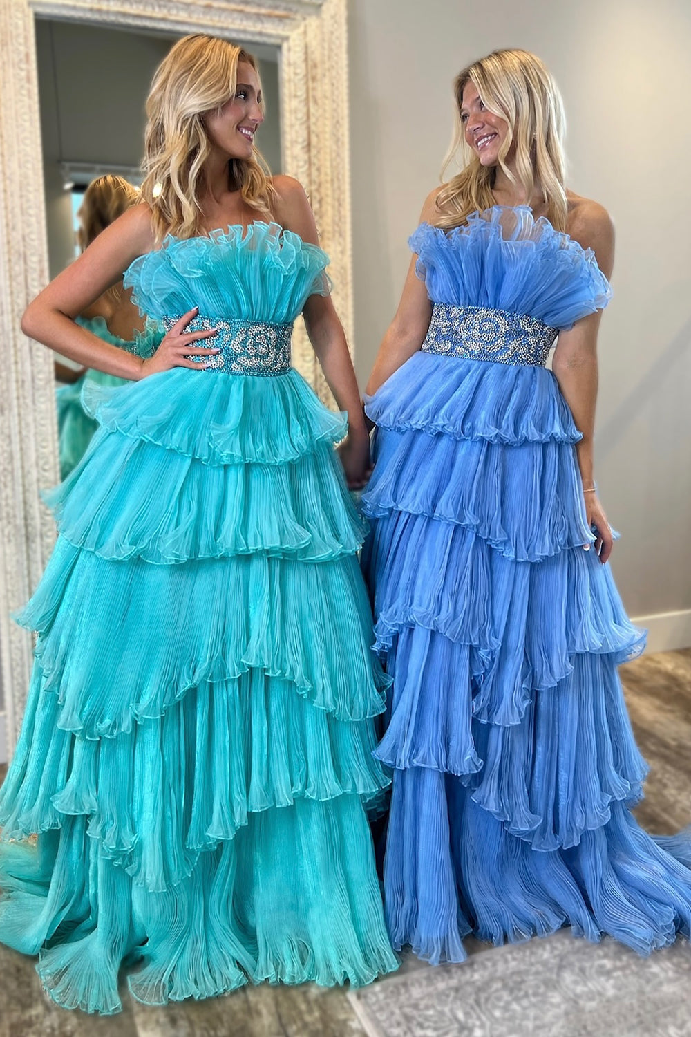 Long Blue Strapless Prom Dress with Beading in Princess Tulle