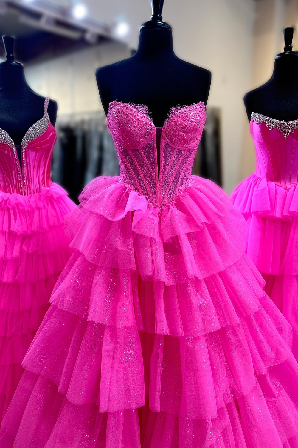 Long Tiered Corset Prom Dress in Fuchsia with Sweetheart Princess Tulle and Appliques