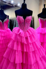 Long Tiered Corset Prom Dress in Fuchsia with Sweetheart Princess Tulle and Appliques
