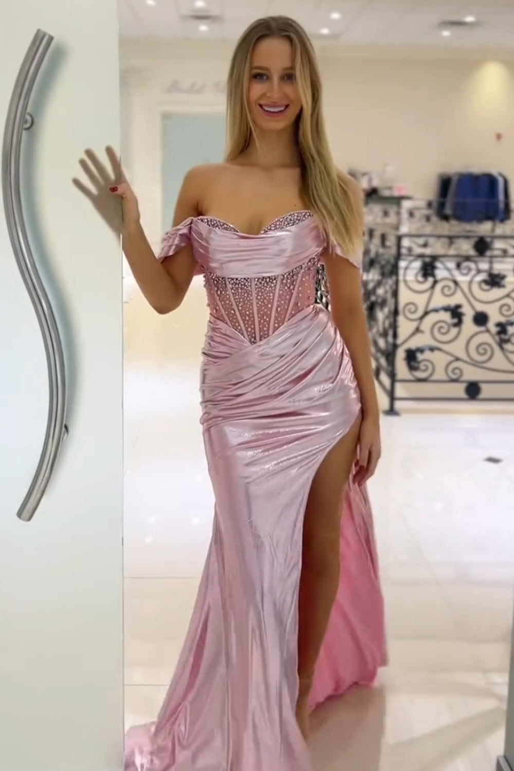 Long Pink Metallic Mermaid Prom Dress with Beading and Off-the-Shoulder Corset