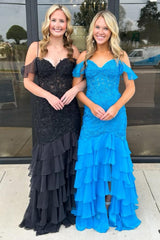 Long Corset Prom Dress in Yellow with Cold Shoulder and Mermaid Chiffon Tiered Design Featuring Appliques