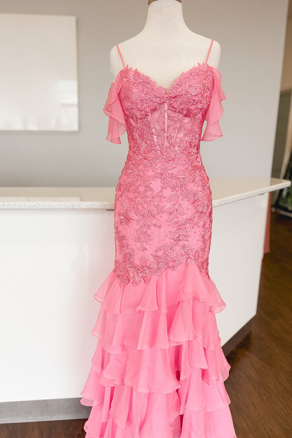 Long Corset Prom Dress in Yellow with Cold Shoulder and Mermaid Chiffon Tiered Design Featuring Appliques