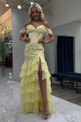 Long Corset Prom Dress in Yellow with Cold Shoulder and Mermaid Chiffon Tiered Design Featuring Appliques