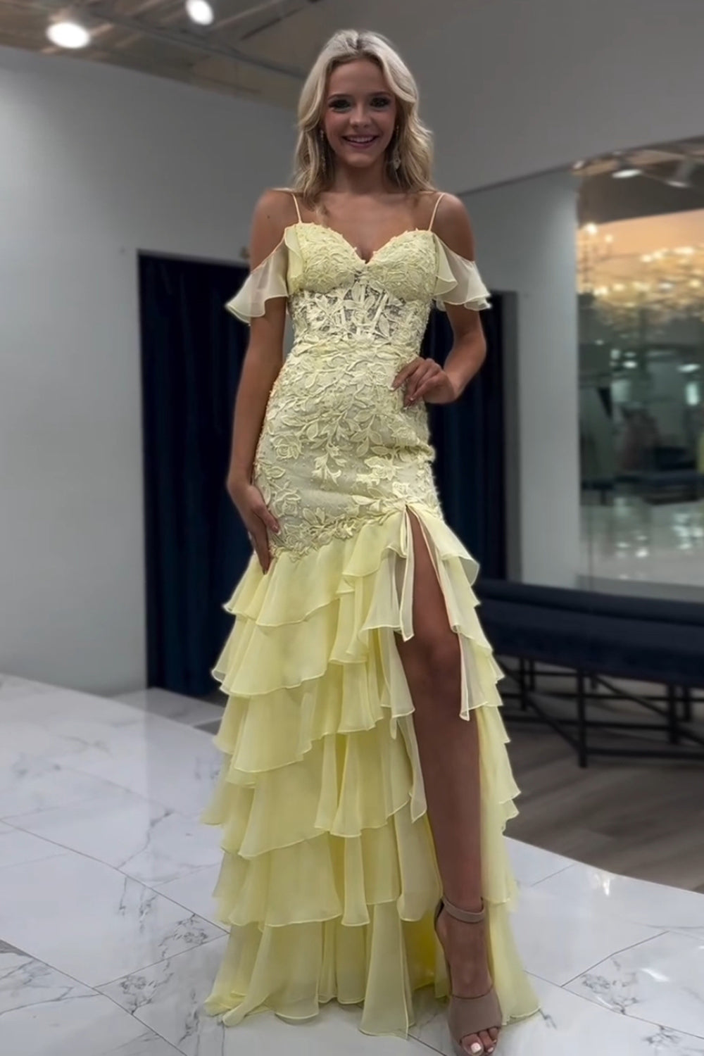 Long Corset Prom Dress in Yellow with Cold Shoulder and Mermaid Chiffon Tiered Design Featuring Appliques
