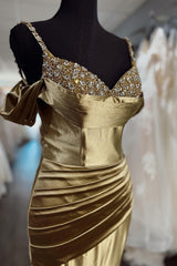 Long Beaded Prom Dress in Gold Mermaid Satin with Spaghetti Straps