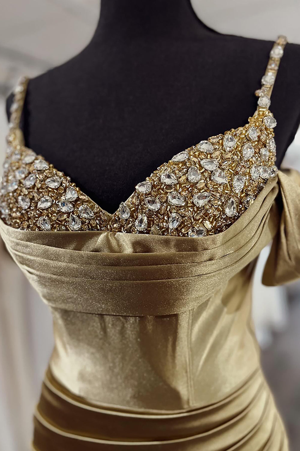 Long Beaded Prom Dress in Gold Mermaid Satin with Spaghetti Straps