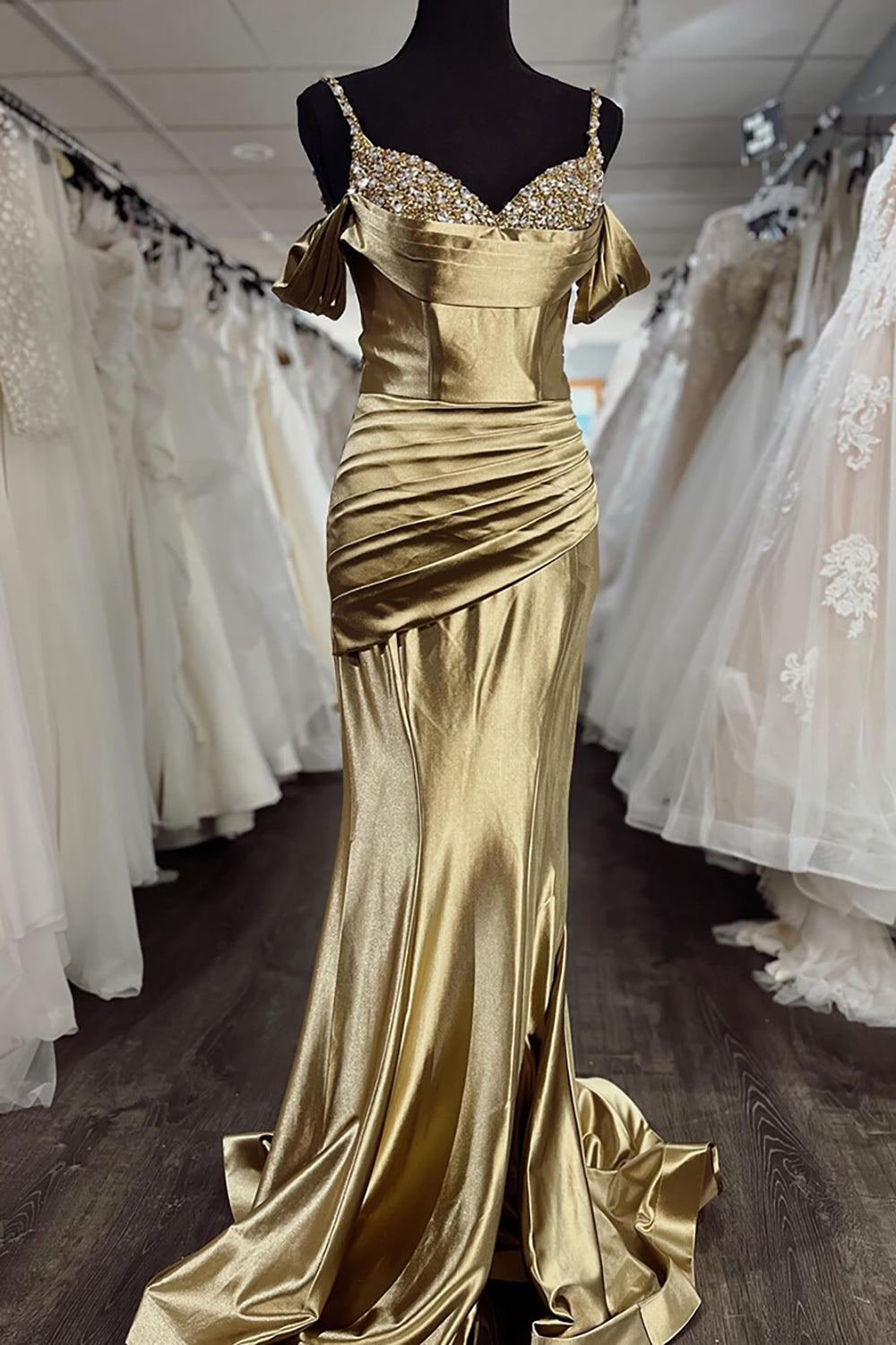 Long Beaded Prom Dress in Gold Mermaid Satin with Spaghetti Straps