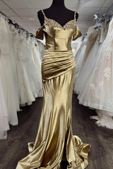 Long Beaded Prom Dress in Gold Mermaid Satin with Spaghetti Straps