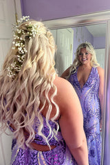 Long V-Neck Prom Dress with Sparkly Purple Mermaid Sequins