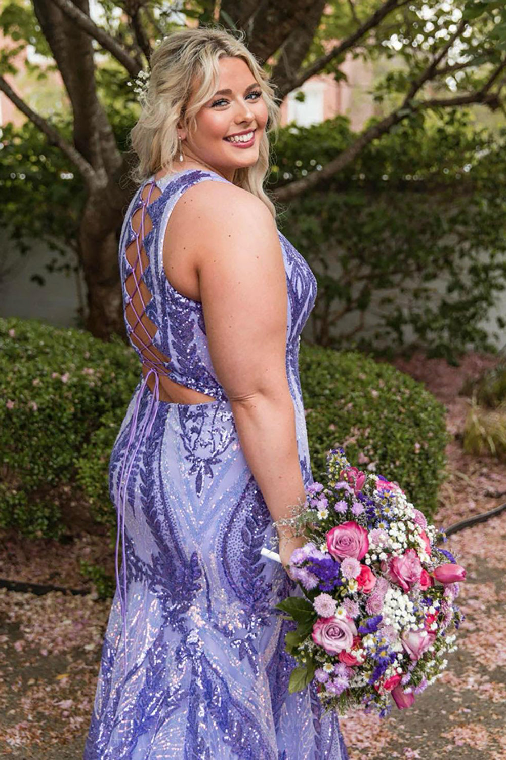 Long V-Neck Prom Dress with Sparkly Purple Mermaid Sequins