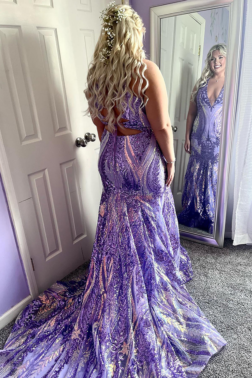 Long V-Neck Prom Dress with Sparkly Purple Mermaid Sequins