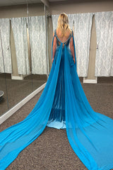 Long Blue Velvet Prom Dress with Sparkly Beaded V-Neck and Mermaid Cape