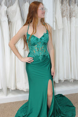 Long Prom Dress in Emerald Green Satin with Spaghetti Straps Mermaid Applique and Slit