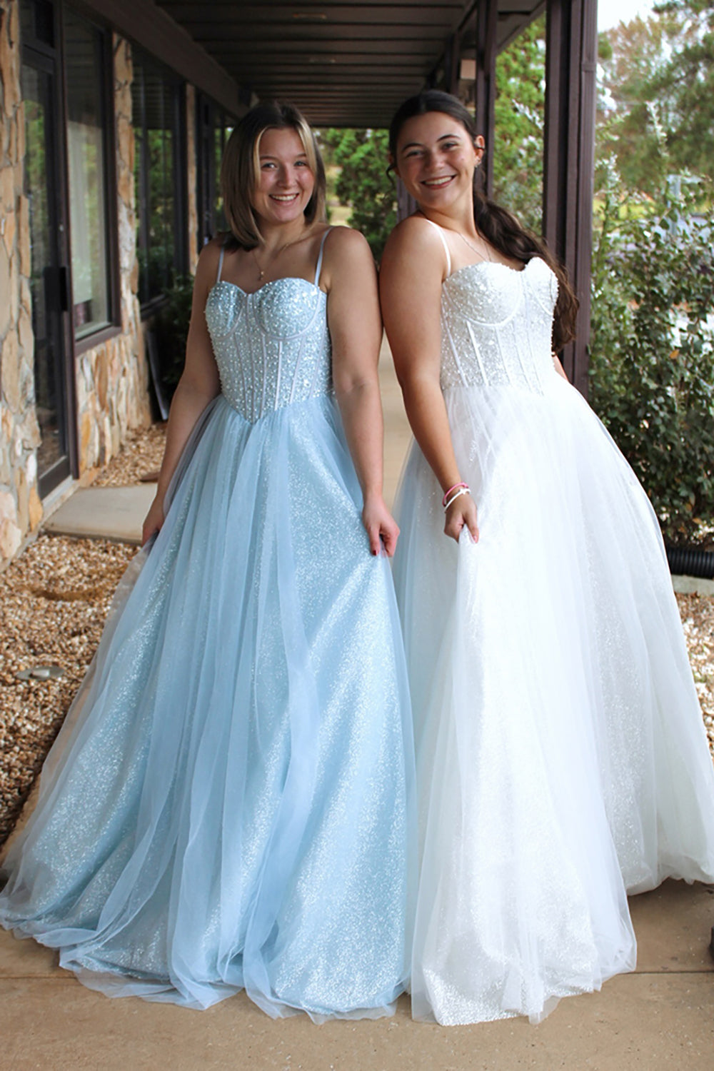 Princess Long Corset Prom Dress with Sparkly Light Blue Spaghetti Straps and Tulle