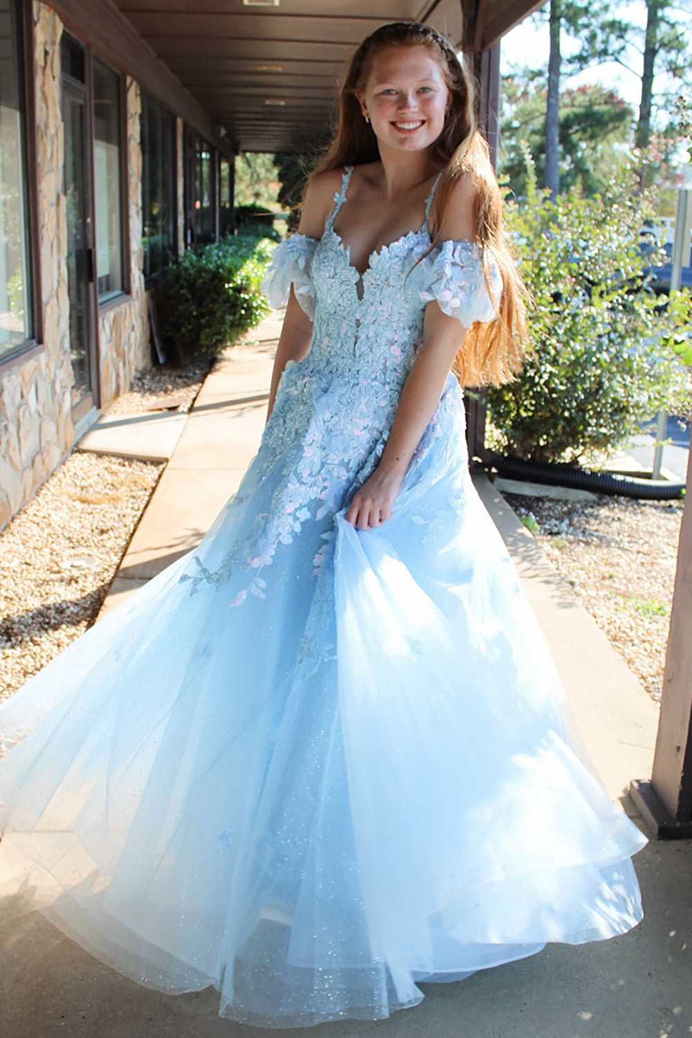 Princess Long Prom Dress in Sparkly Light Blue Tulle with Spaghetti Straps and Appliques