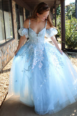 Princess Long Prom Dress in Sparkly Light Blue Tulle with Spaghetti Straps and Appliques