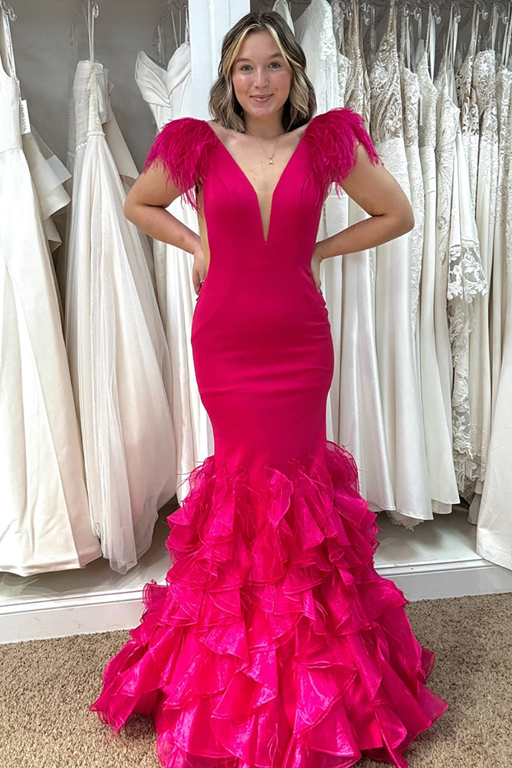 Elegant Fuchsia Mermaid Prom Dress with V Neck and Ruffled Feather Detail