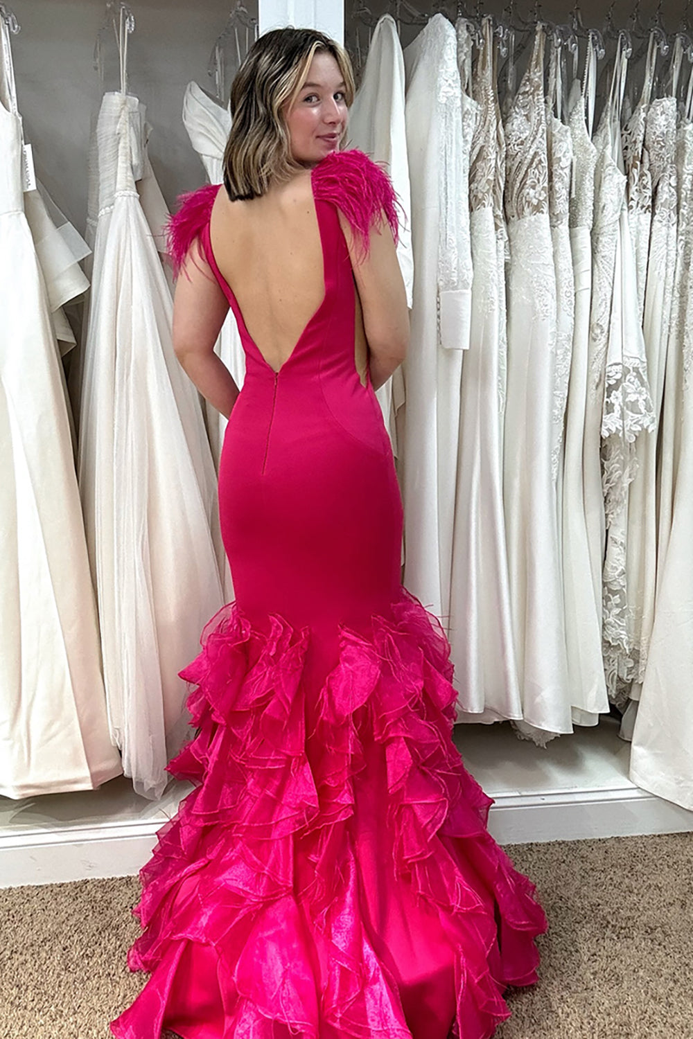 Elegant Fuchsia Mermaid Prom Dress with V Neck and Ruffled Feather Detail