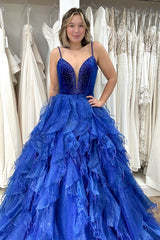 Princess Long Prom Dress in Royal Blue with Beading and Tiered Tulle Spaghetti Straps