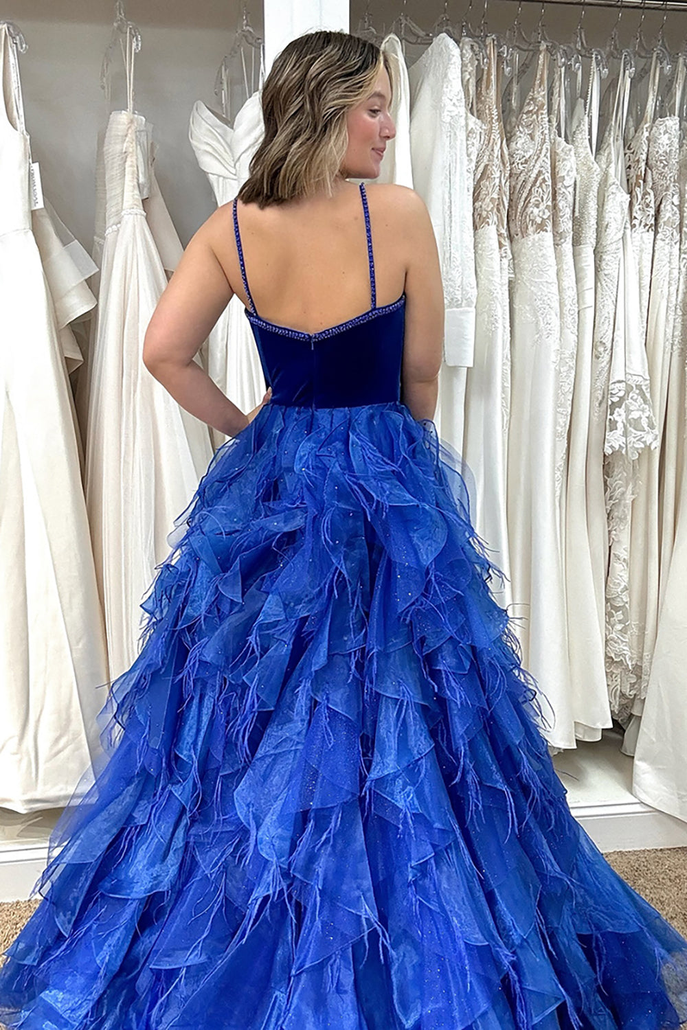 Princess Long Prom Dress in Royal Blue with Beading and Tiered Tulle Spaghetti Straps