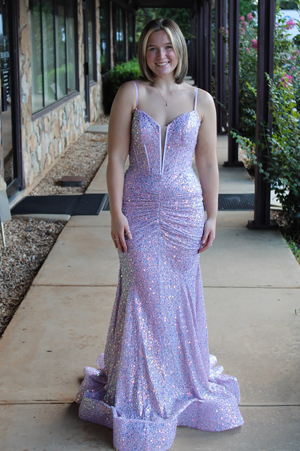 Long Sequin Corset Prom Dress with Sparkly Lilac Mermaid Spaghetti Straps
