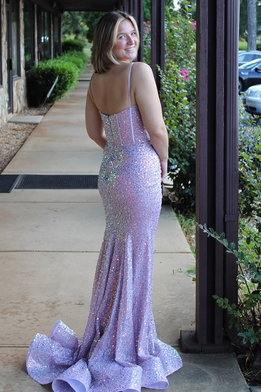 Long Sequin Corset Prom Dress with Sparkly Lilac Mermaid Spaghetti Straps