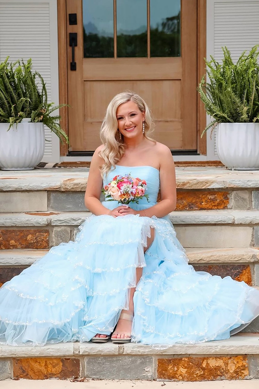 Long Light Blue Sparkly Strapless Prom Dress with Tiered Tulle and Slit