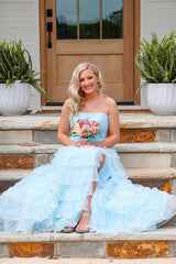 Long Light Blue Sparkly Strapless Prom Dress with Tiered Tulle and Slit