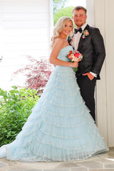 Long Light Blue Sparkly Strapless Prom Dress with Tiered Tulle and Slit