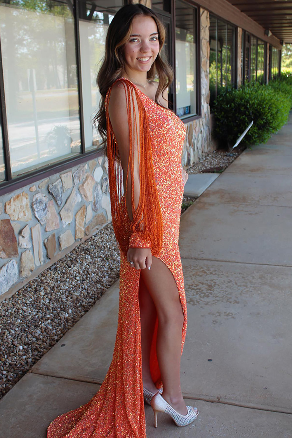 One Shoulder Long Prom Dress with Sparkly Orange Mermaid Sequin