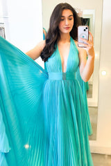 Long Pleated Turquoise Prom Dress with V-neck Halter and Beading